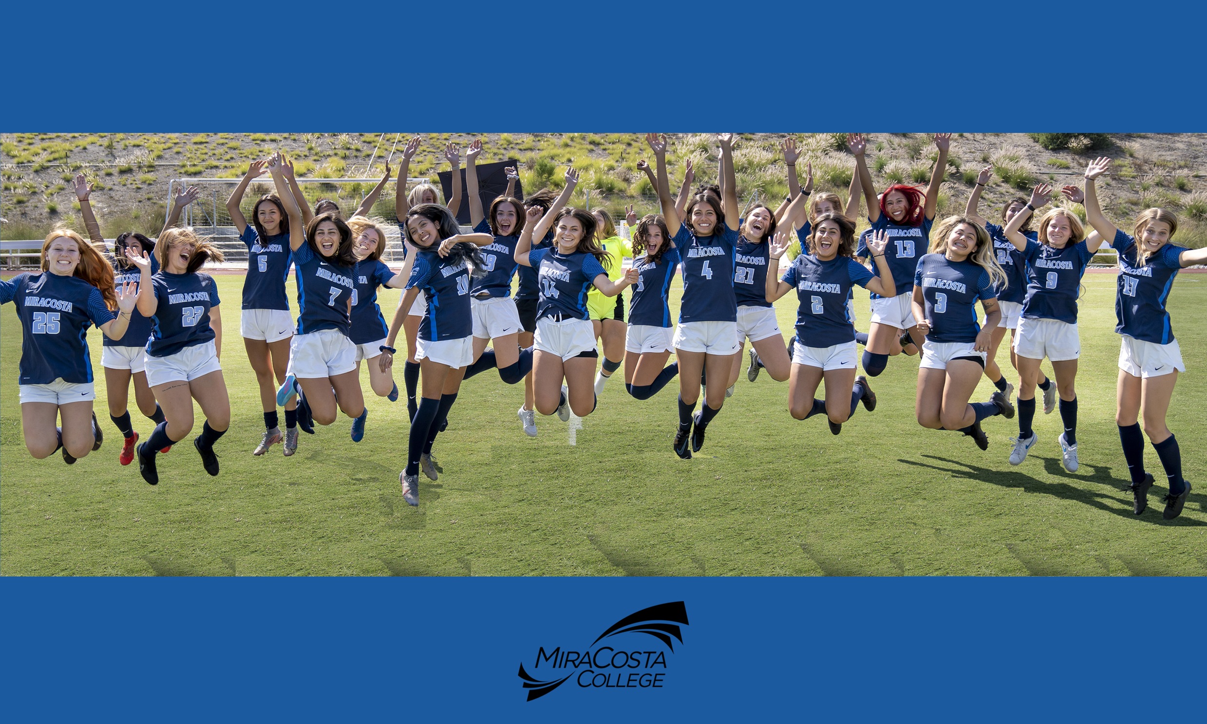 Women's soccer team, jump picture.