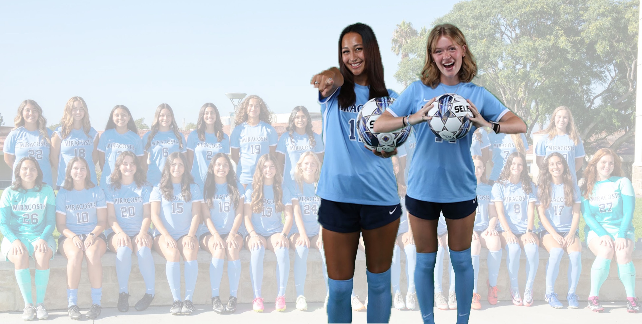 Jasmine Arispe and Lena Bachman stand in front of the women's soccer team.