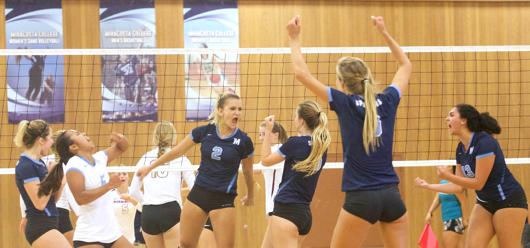 Women's volleyball team celebrating a point.