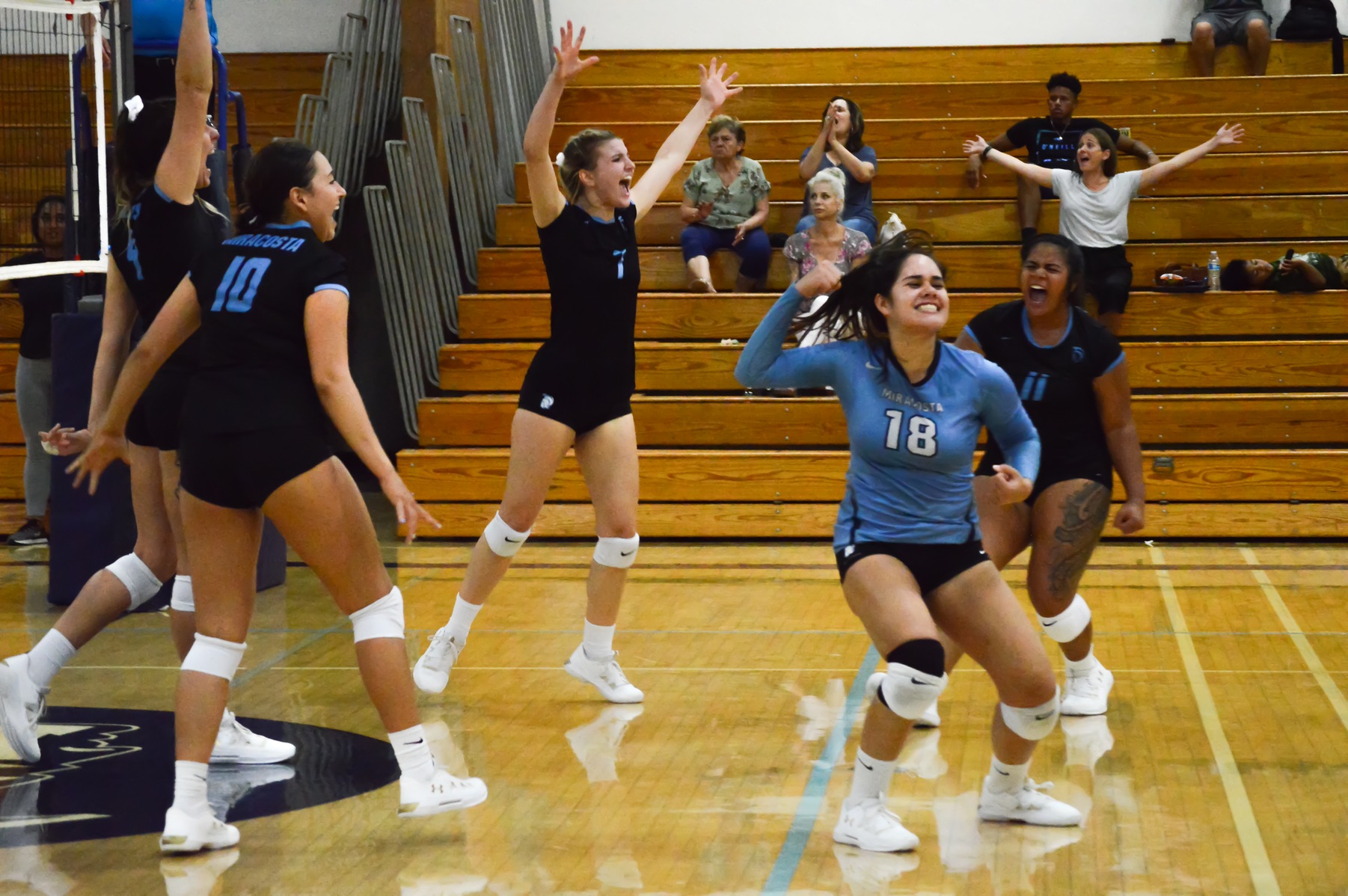 Team celebrates after winning a big point.