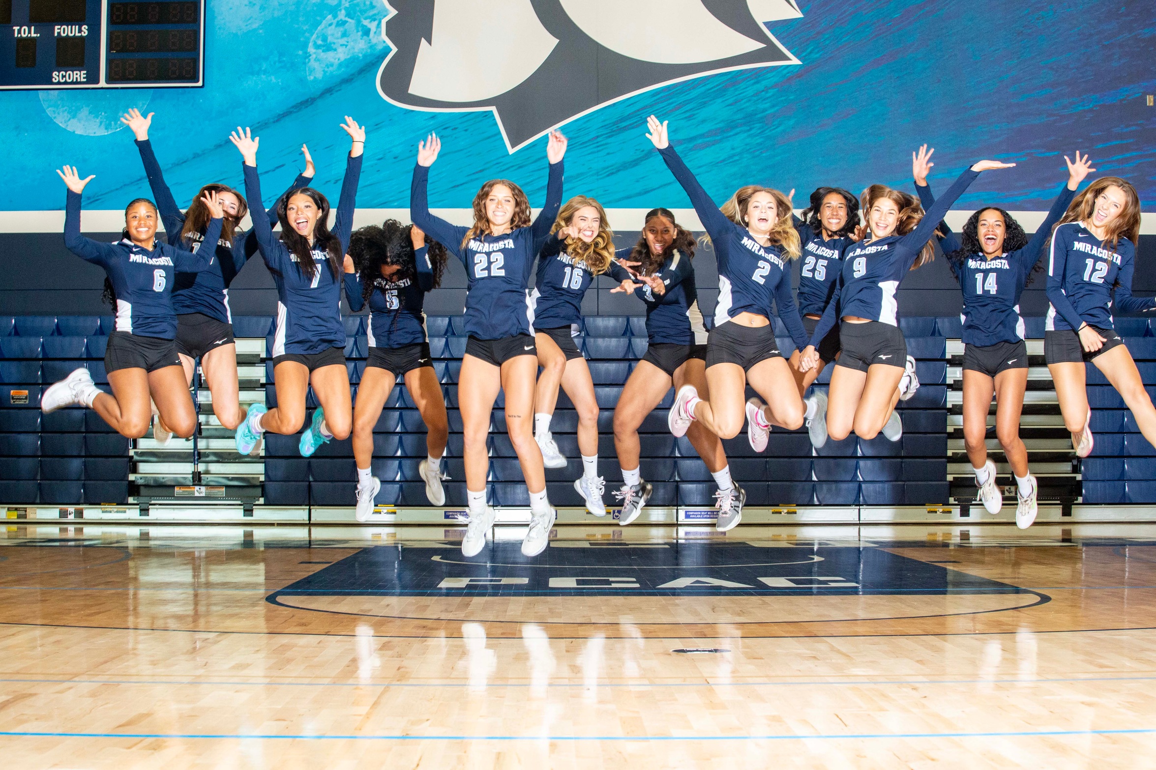 Volleyball team picture, jumping all at once.