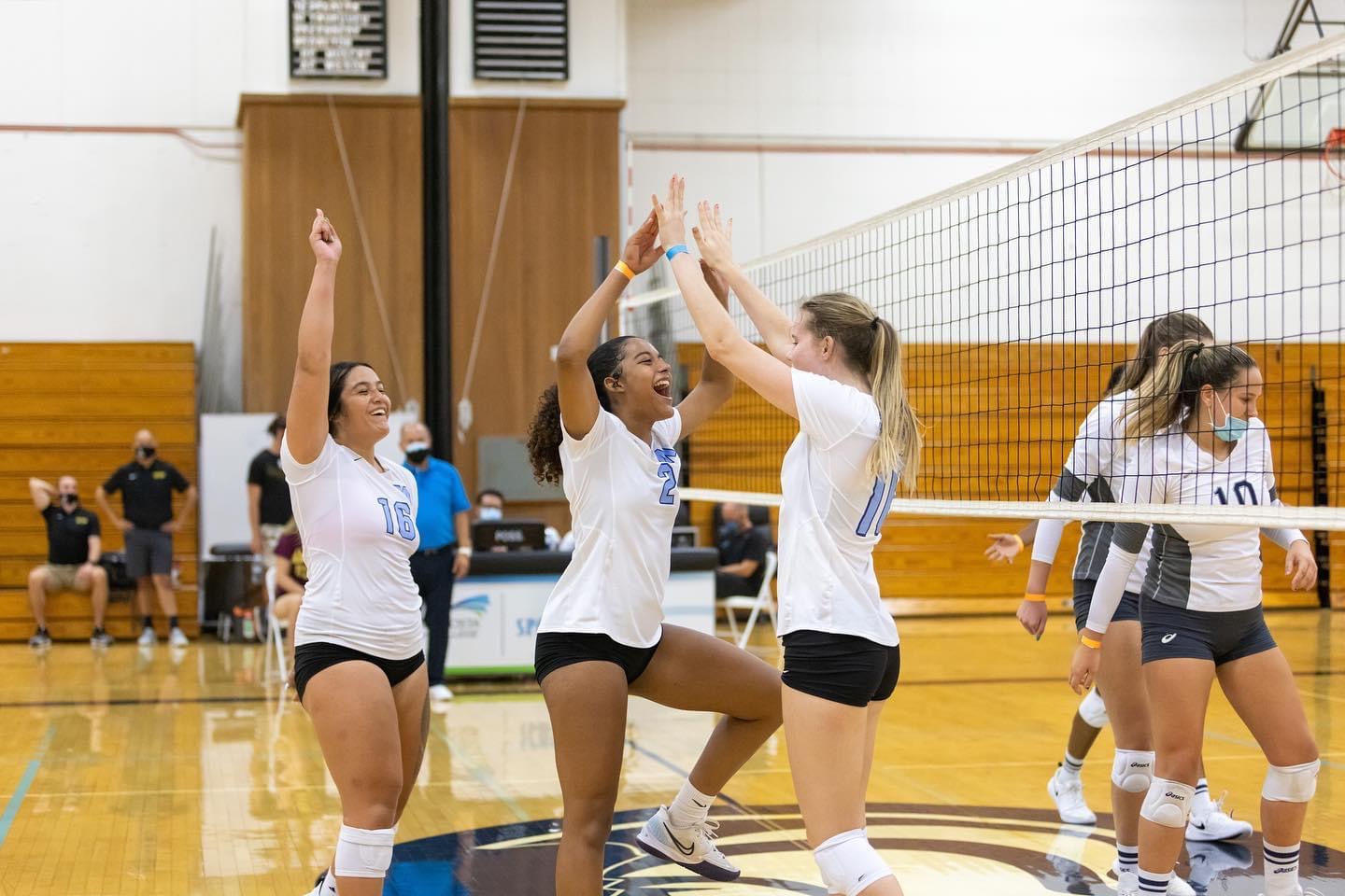 The team celebrates a point scored.